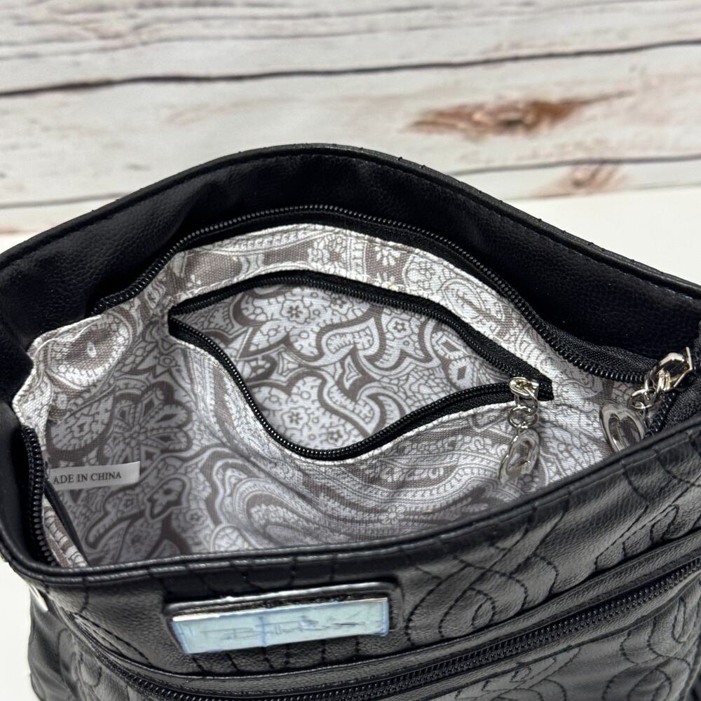 Bella Russo Quilted Crossbody Purse Black Silver Heart Tassel Hand Bag Zipper - Picture 7 of 8